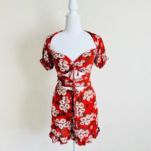 Red & White Daisy Cut Out Ruched Peekaboo Tie Cap Sleeve Ruffle Romper